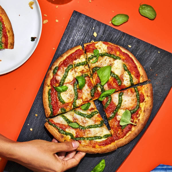 RED SAUCE & PESTO PIZZA WITH FRESH MOZZARELLA