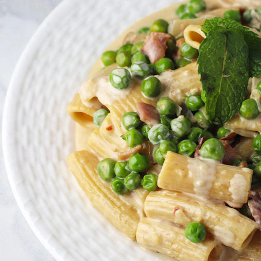 Fresh Rigatoni with Prosciutto Mint and Peas | Banza